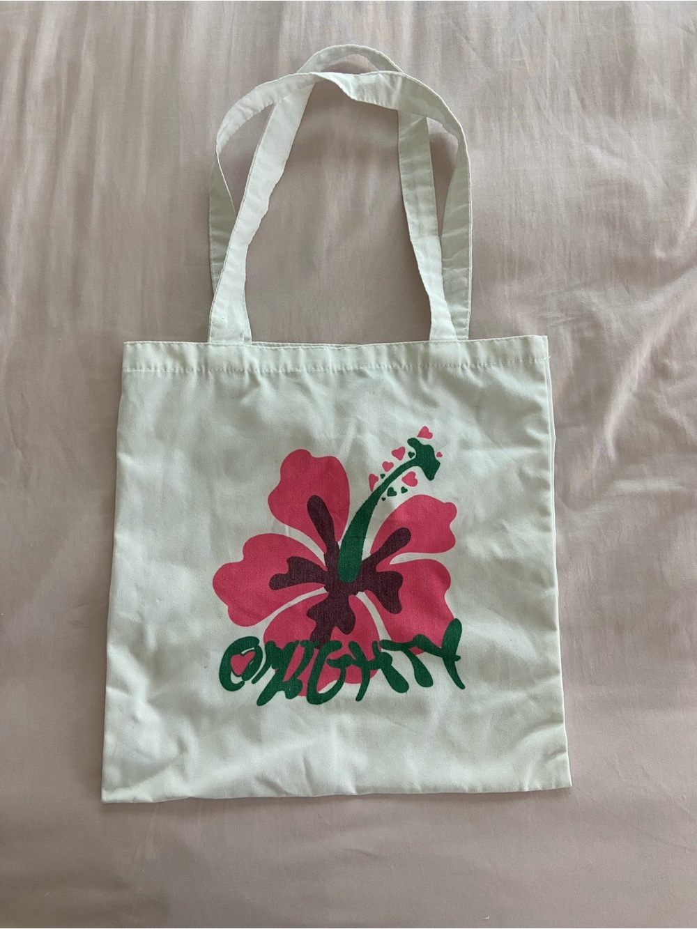 Omighty White Tote with Pink & Green Hibiscus Flower